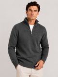 Men wearing dark gray half zip sweater long sleeve solid color knit pullover for fall everyday style