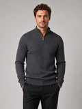 Front view of a man wearing a dark gray quarter zip pullover sweater with a stand collar, warm cotton knit, and long sleeves