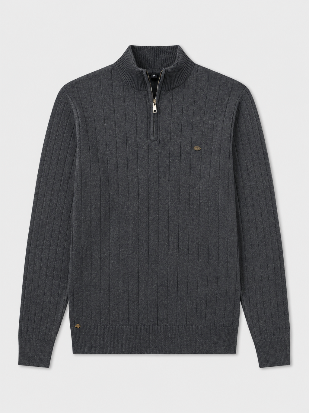 Dark gray men’s quarter zip cotton knit pullover sweater with a stand collar displayed on a plain background