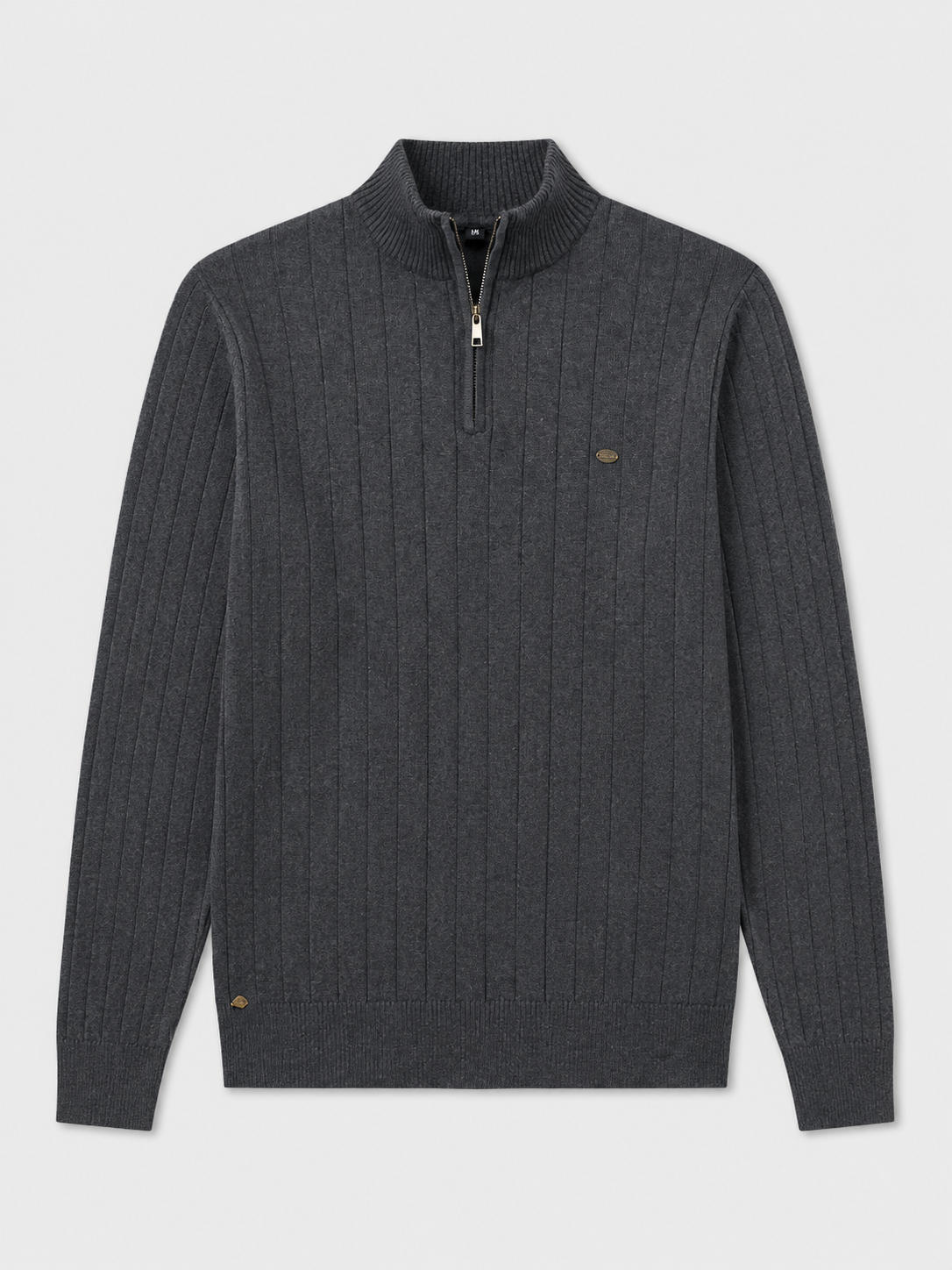Dark gray men’s quarter zip cotton knit pullover sweater with a stand collar displayed on a plain background