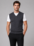 Men wearing dark gray v neck sweater vest solid color knit fall winter business casual style