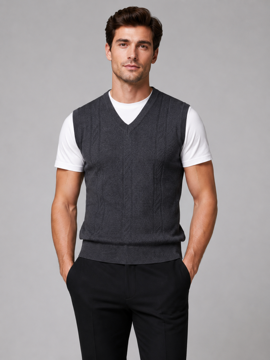 Men wearing dark gray v neck sweater vest solid color knit fall winter business casual style