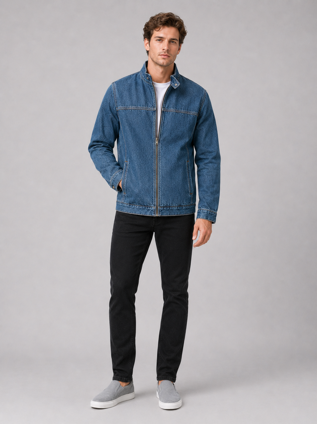 Denim zip up jacket for men loose fit casual outerwear for everyday fall wear