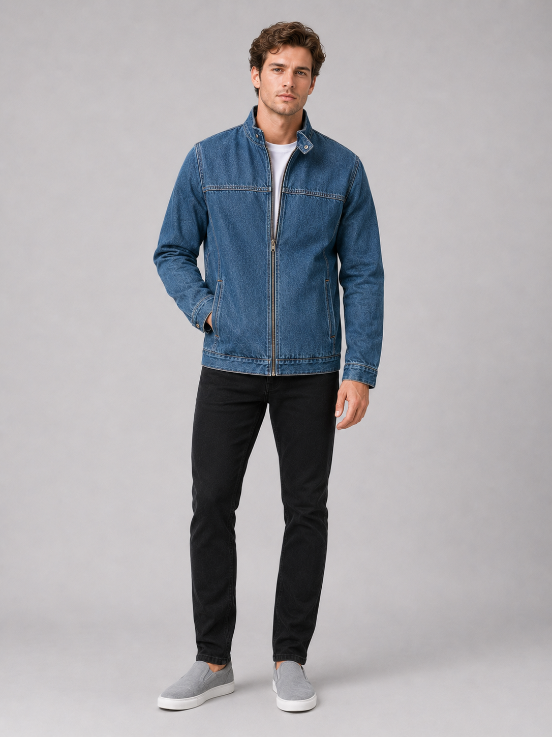 Denim zip up jacket for men loose fit casual outerwear for everyday fall wear