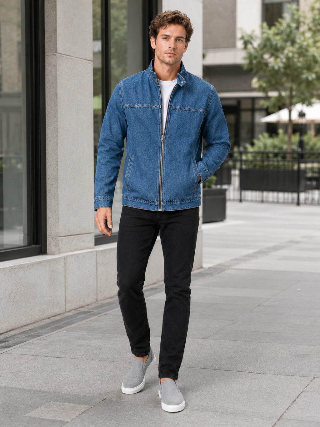 Man styling denim fall jacket in a rugged streetwear and everyday lifestyle outfit