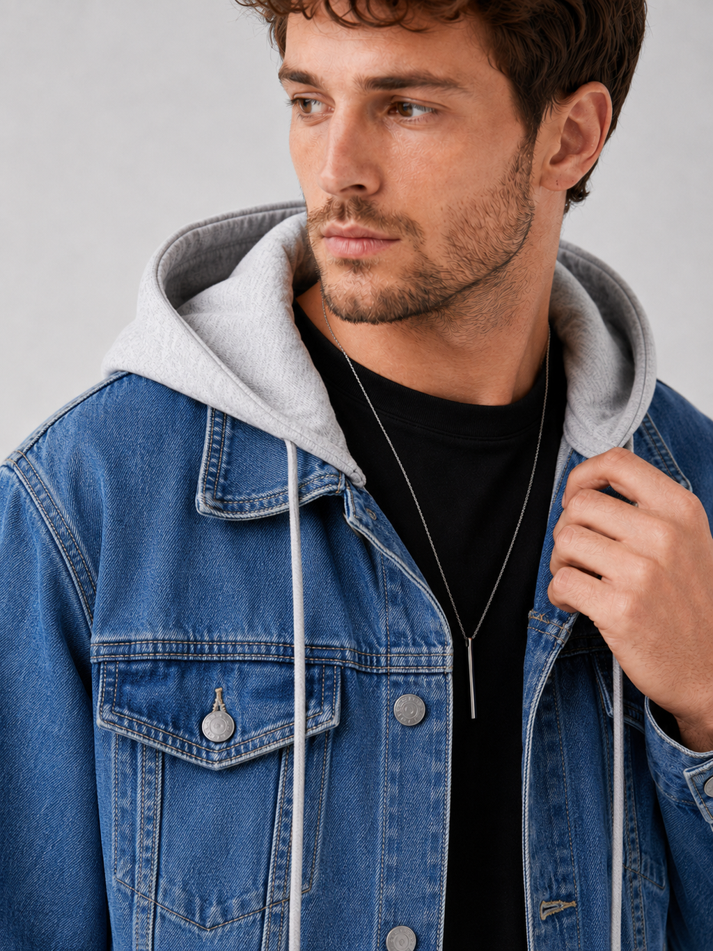 Close up of classic navy denim jacket showing washed cotton texture, detachable hood, and stitching detail