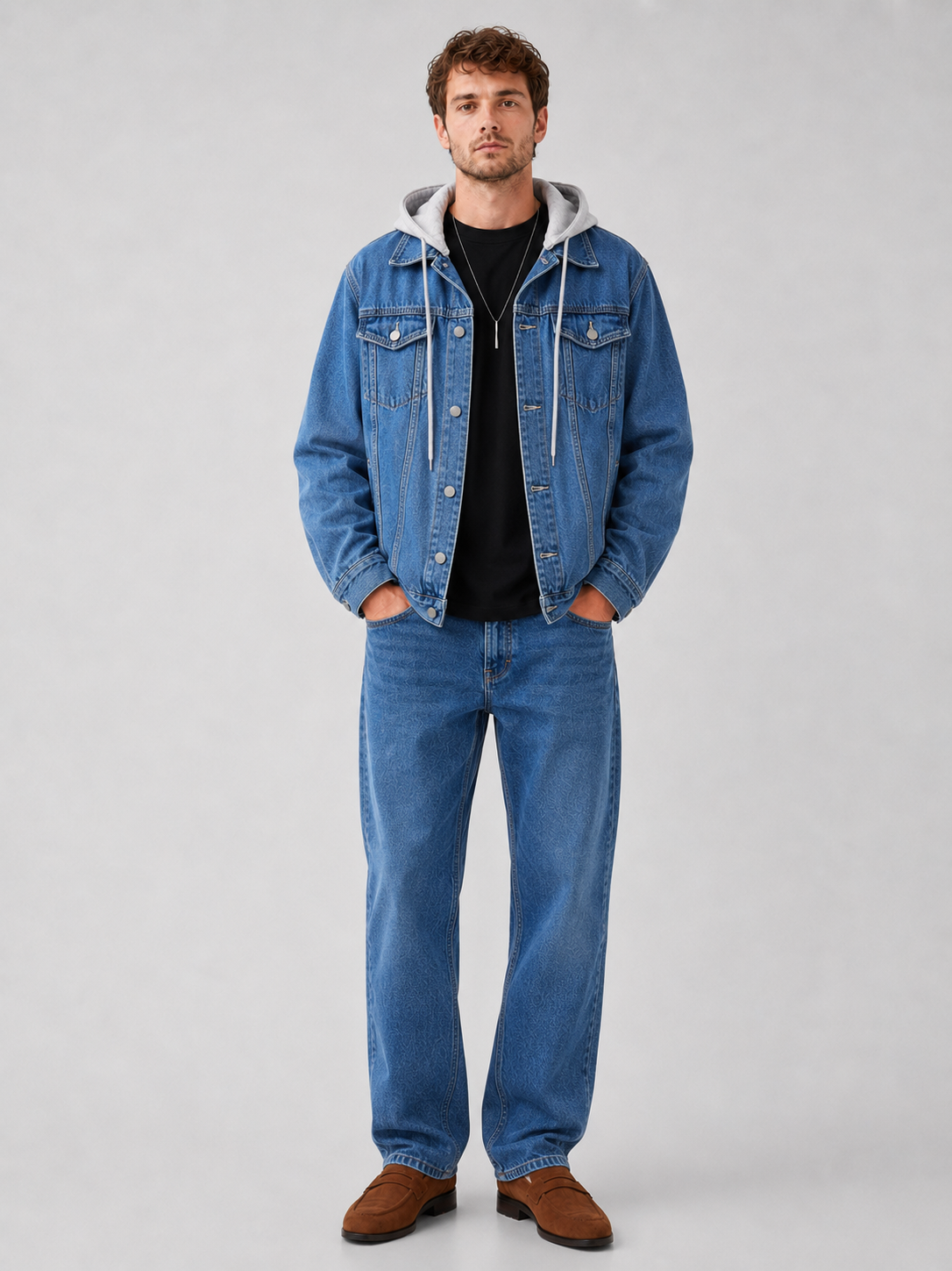 Classic navy hooded denim jacket for men loose fit fall winter outerwear for everyday wear