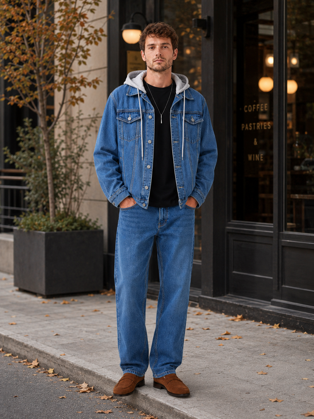 Man styling classic navy hooded denim jacket in a relaxed fall winter streetwear outfit