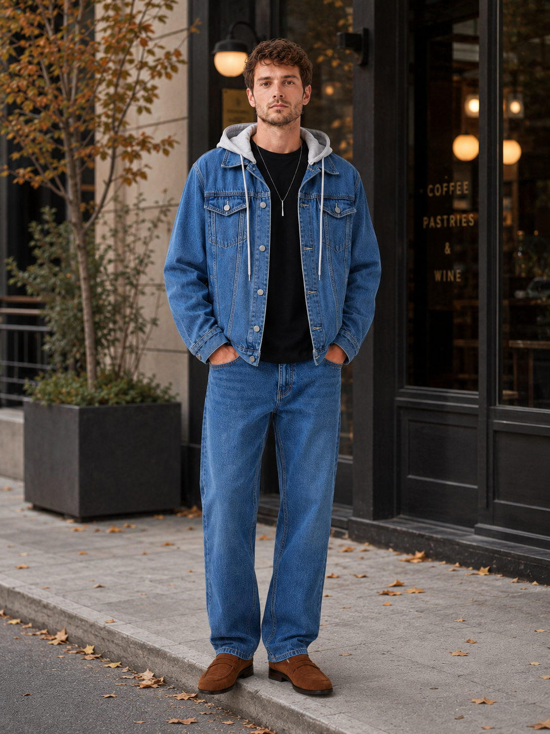 Man styling classic navy hooded denim jacket in a relaxed fall winter streetwear outfit