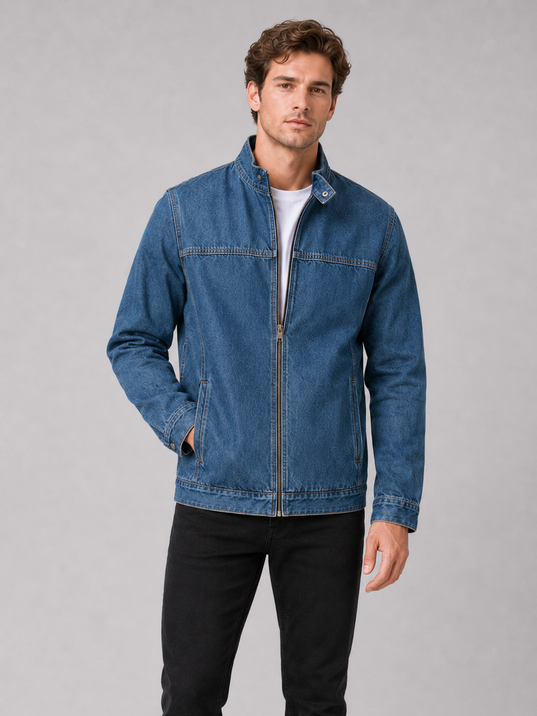 Men wearing classic denim fall jacket zip up loose fit workwear streetwear style
