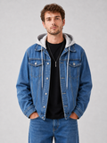 Men wearing classic navy  hooded denim jacket with detachable hood and loose fit winter streetwear style