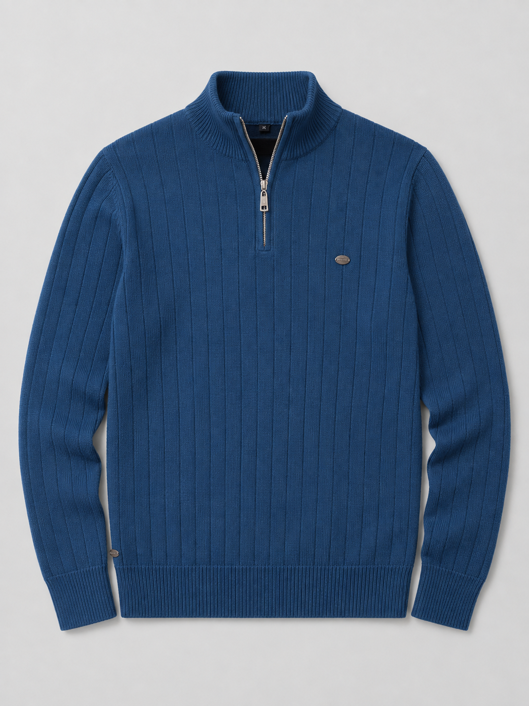 Denim blue men’s quarter zip cotton knit pullover sweater with a stand collar displayed on a plain background