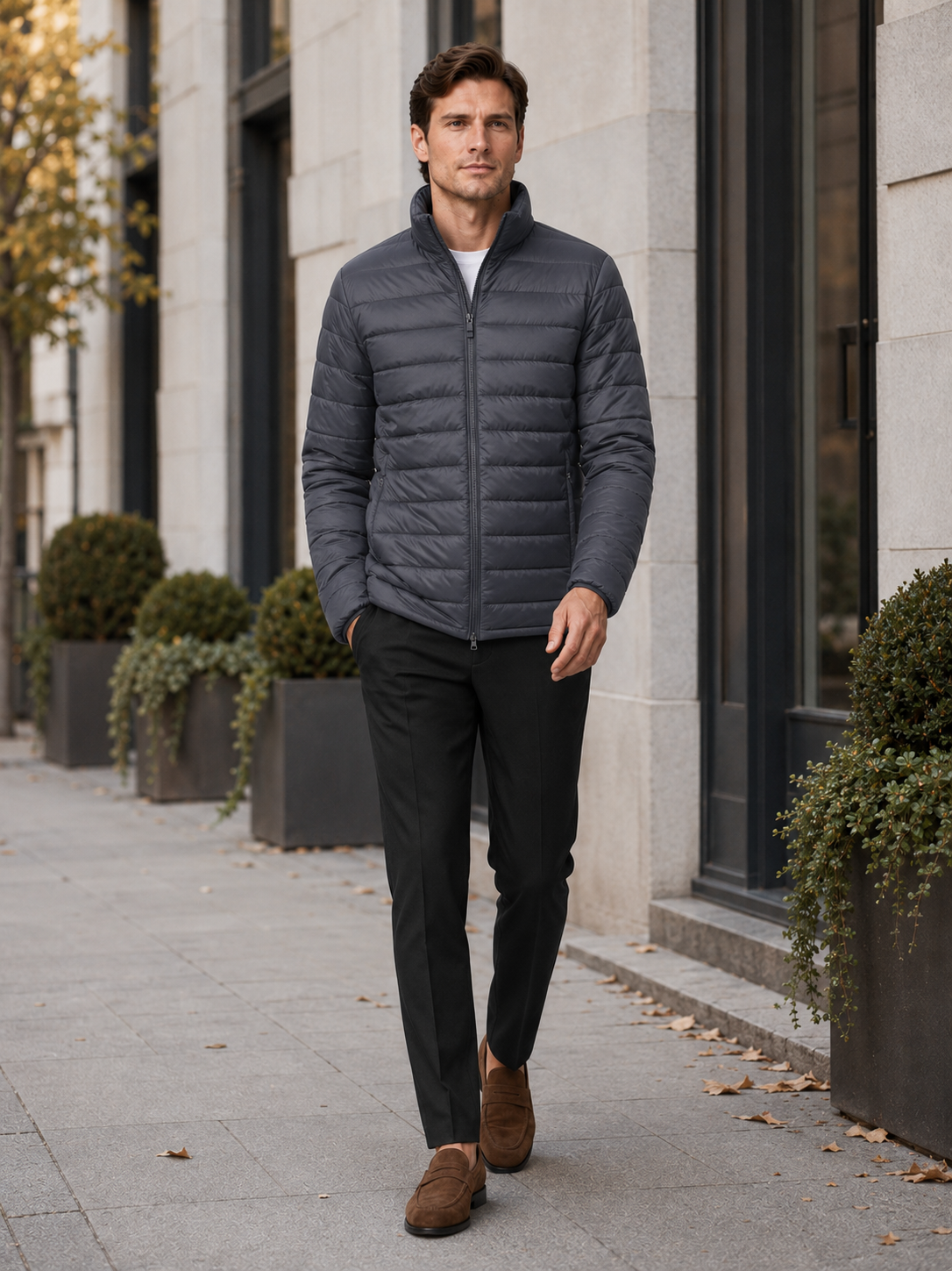 Man styling granite down puffer jacket in a clean outdoor and everyday winter lifestyle outfit