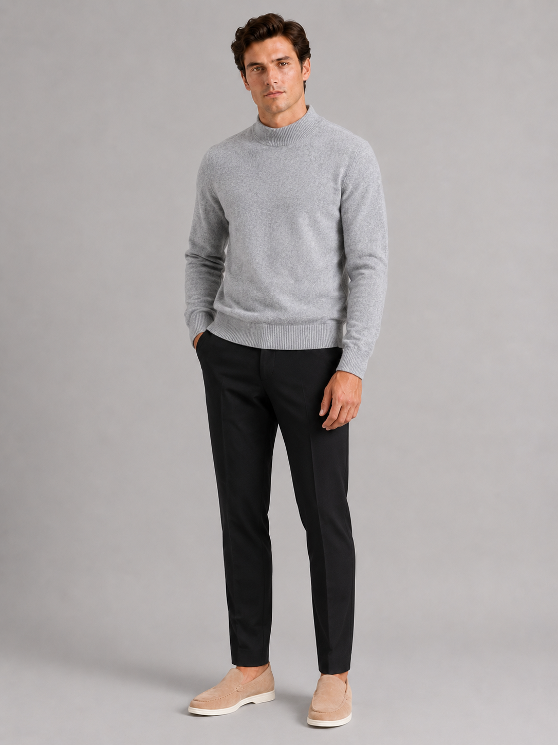 Gray wool mock neck sweater for men warm winter pullover for everyday and office wear