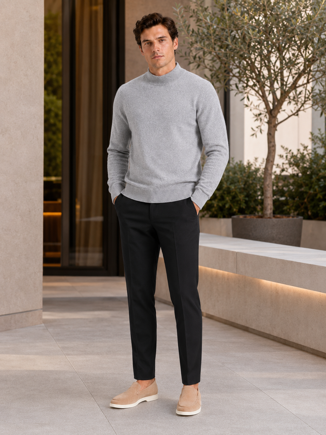 Man styling gray wool mock neck sweater in a clean fall winter lifestyle outfit