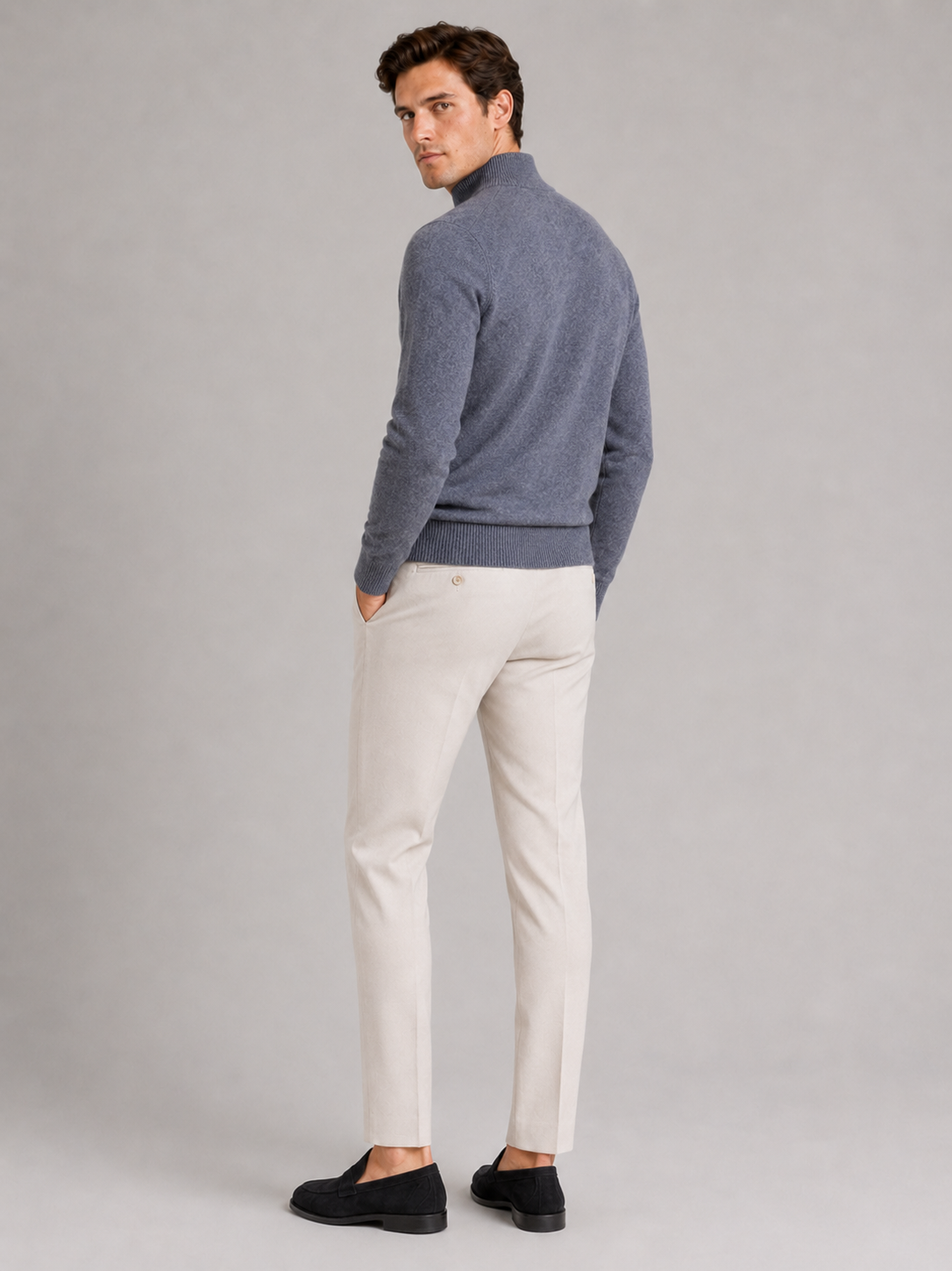 Men’s gray 100 percent wool sweater warm thick knit top for business casual outfits