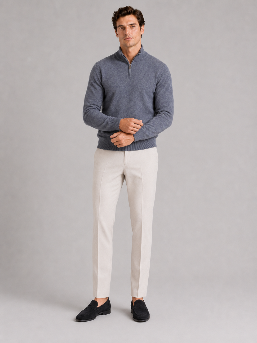 Gray wool half zip mock neck sweater for men breathable thermal pullover for winter wear
