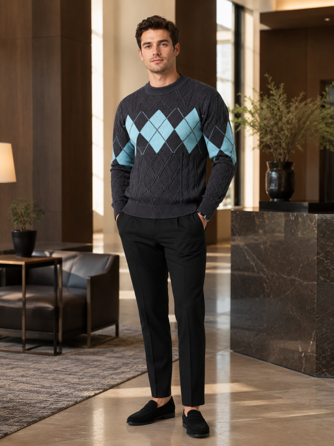 Man wearing a gray argyle cable knit mock neck sweater in a smart business casual fall winter outfit