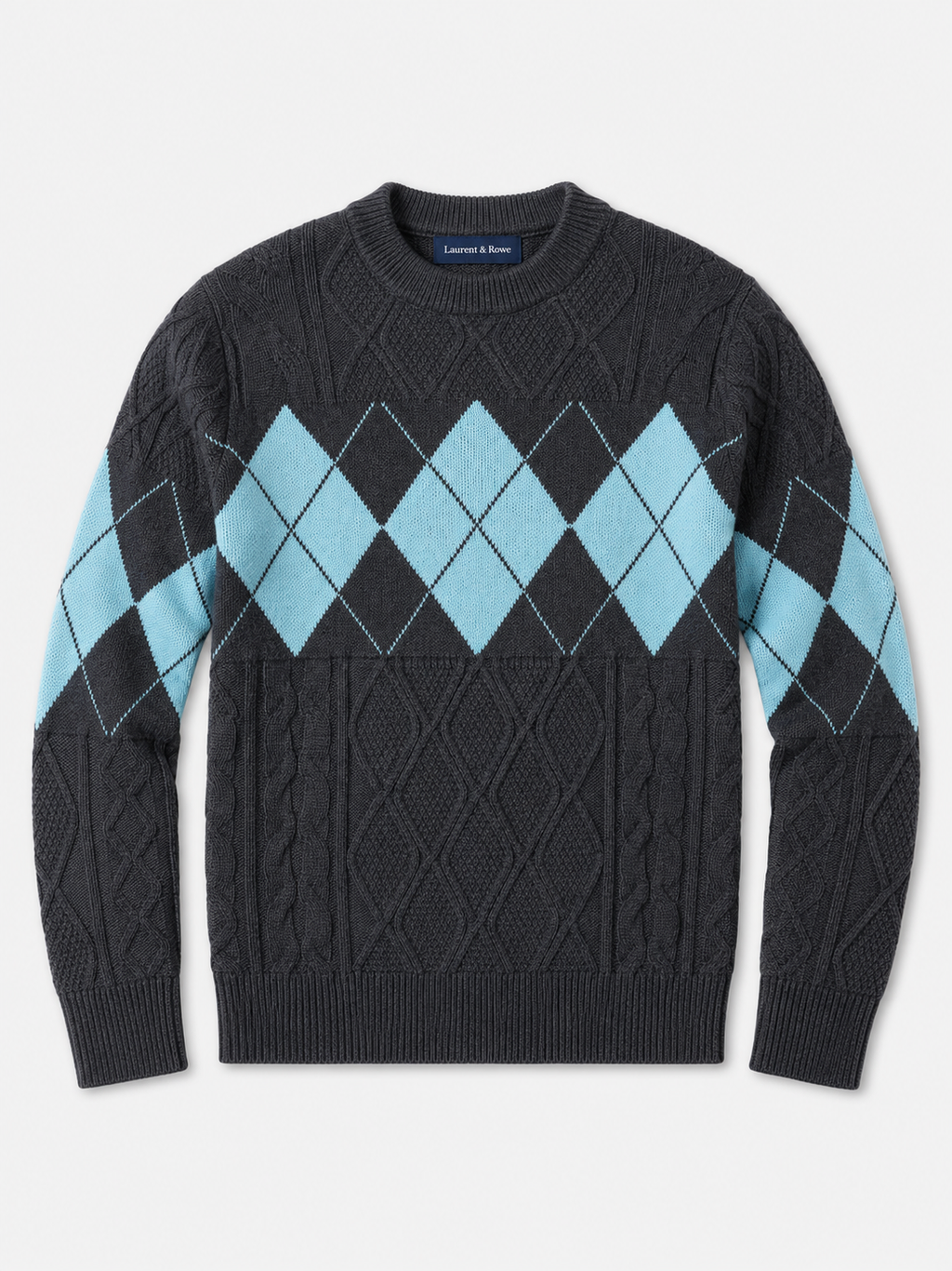 Gray men’s argyle cable knit mock neck sweater with a patchwork design displayed on a plain background