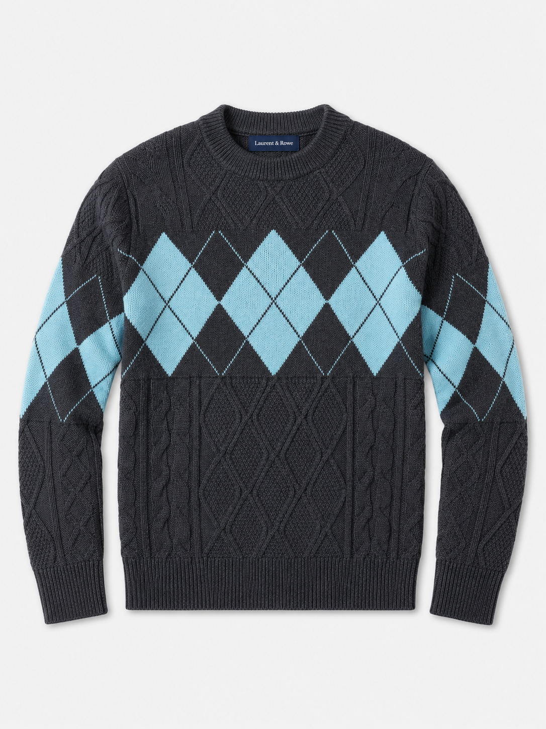 Gray men’s argyle cable knit mock neck sweater with a patchwork design displayed on a plain background