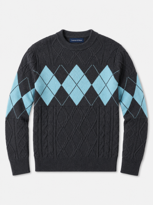 Gray men’s argyle cable knit mock neck sweater with a patchwork design displayed on a plain background