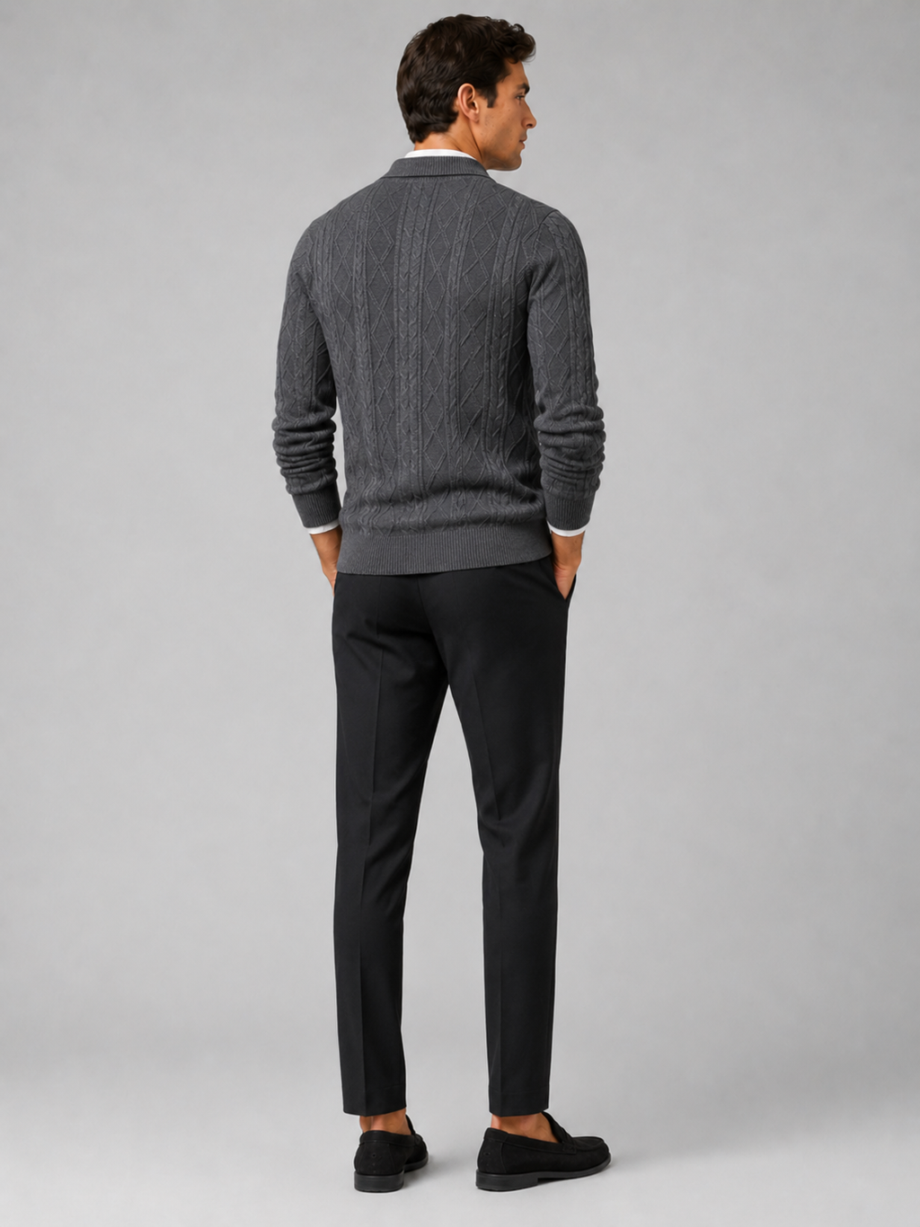 Gray argyle cardigan sweater for men cotton knit layer for office and everyday wear