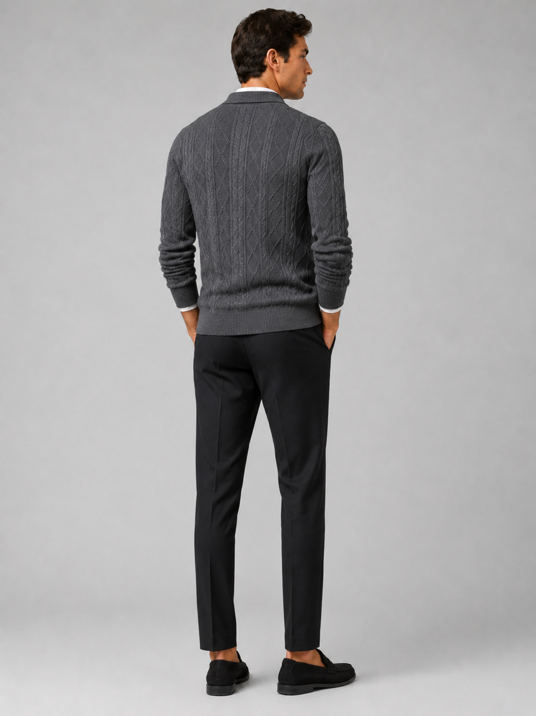 Gray argyle cardigan sweater for men cotton knit layer for office and everyday wear