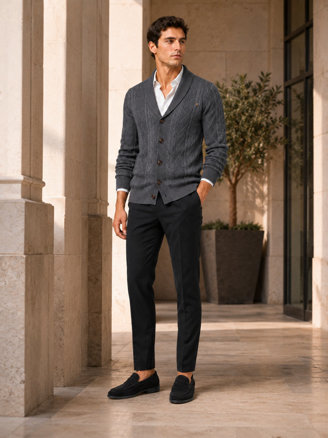 Men’s gray single breasted cardigan sweater comfortable cable knit layer for business casual outfits