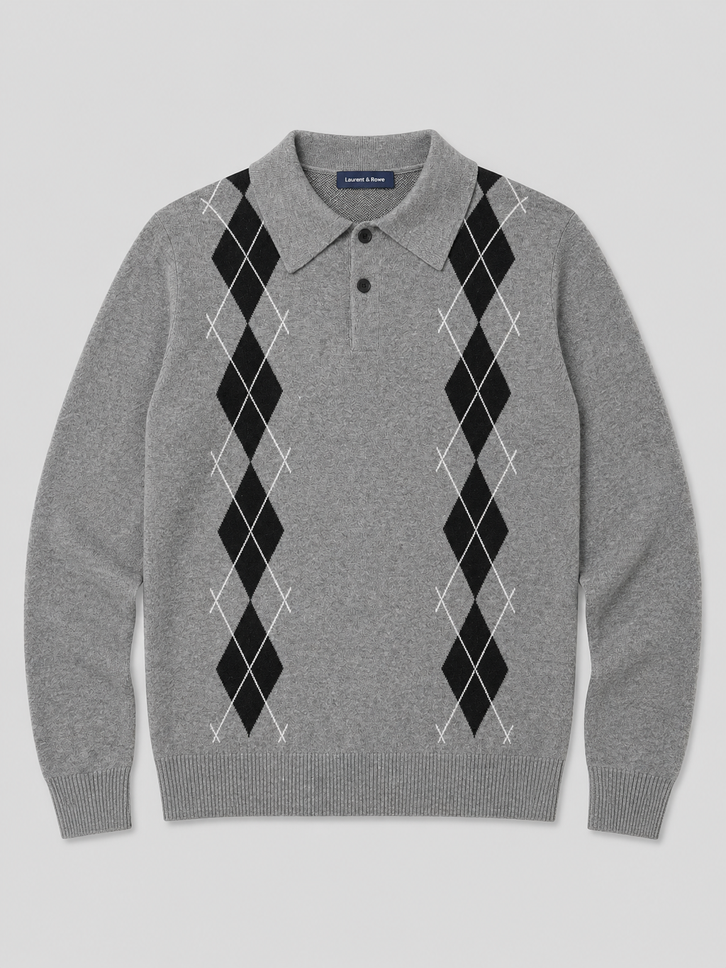 Gray men’s argyle plaid knit sweater with a contrast collar displayed on a plain background