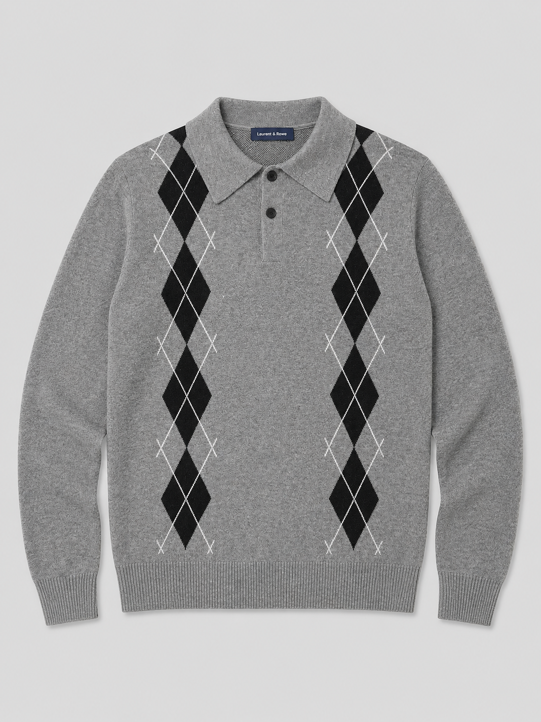Gray men’s argyle plaid knit sweater with a contrast collar displayed on a plain background