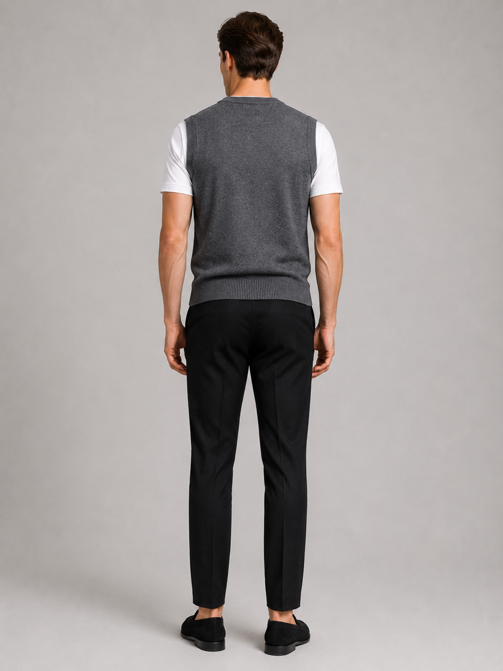 Men’s gray argyle knit sweater vest comfortable sleeveless layer for office and smart casual outfits