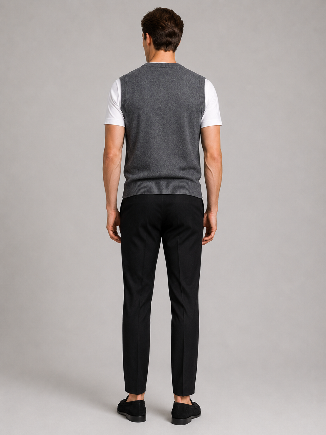 Men’s gray argyle knit sweater vest comfortable sleeveless layer for office and smart casual outfits