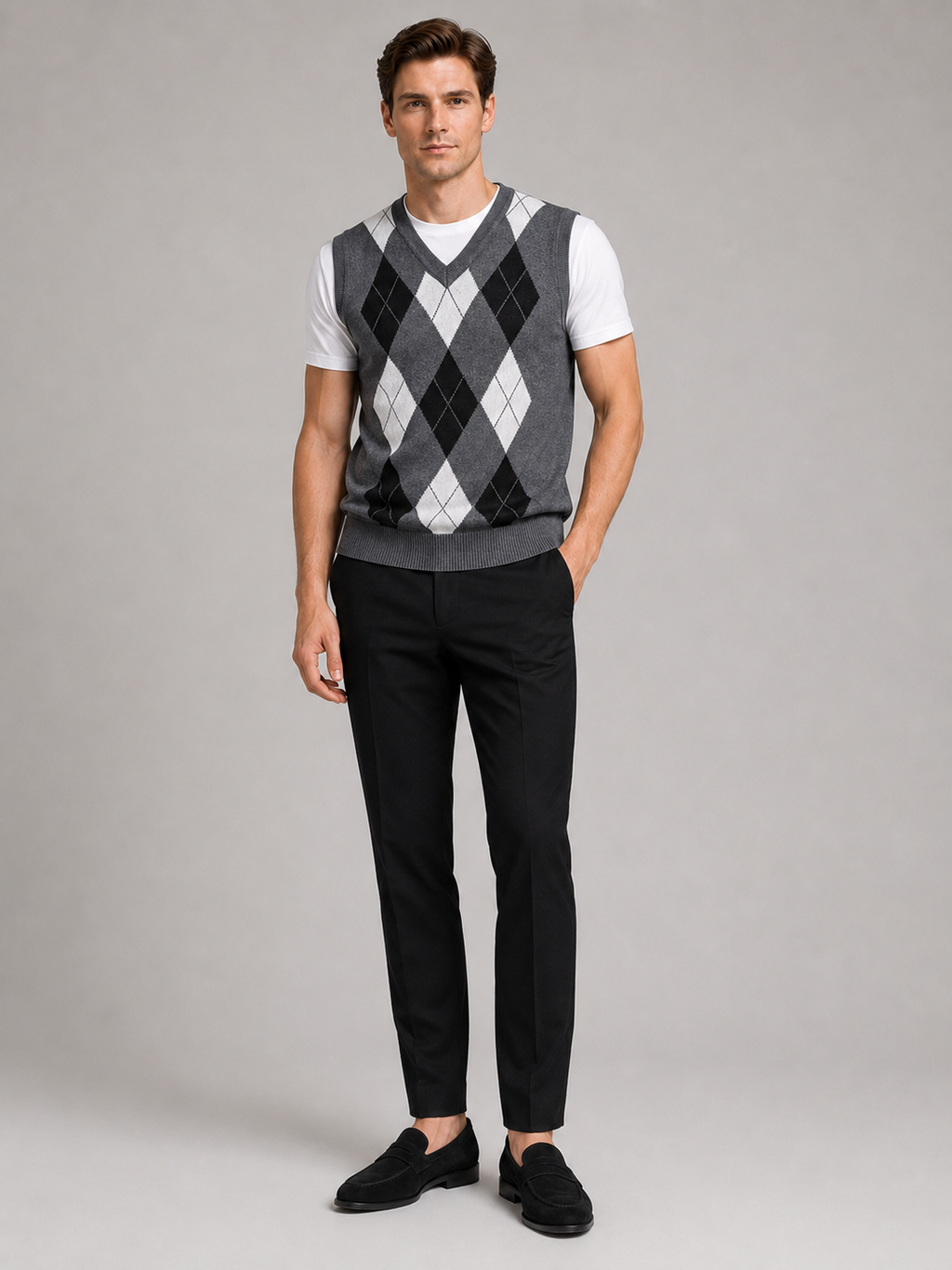 Gray argyle sweater vest for men slim fit knit layer for business casual and everyday wear