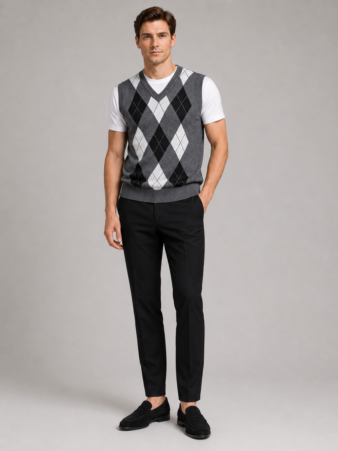Gray argyle sweater vest for men slim fit knit layer for business casual and everyday wear