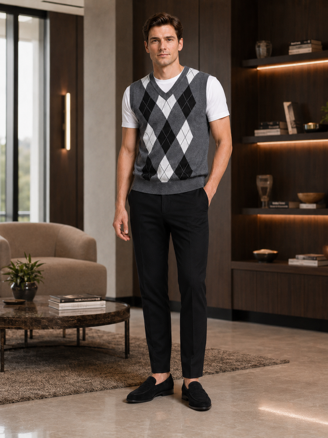 Man styling gray argyle sweater vest in a clean business casual and everyday lifestyle outfit