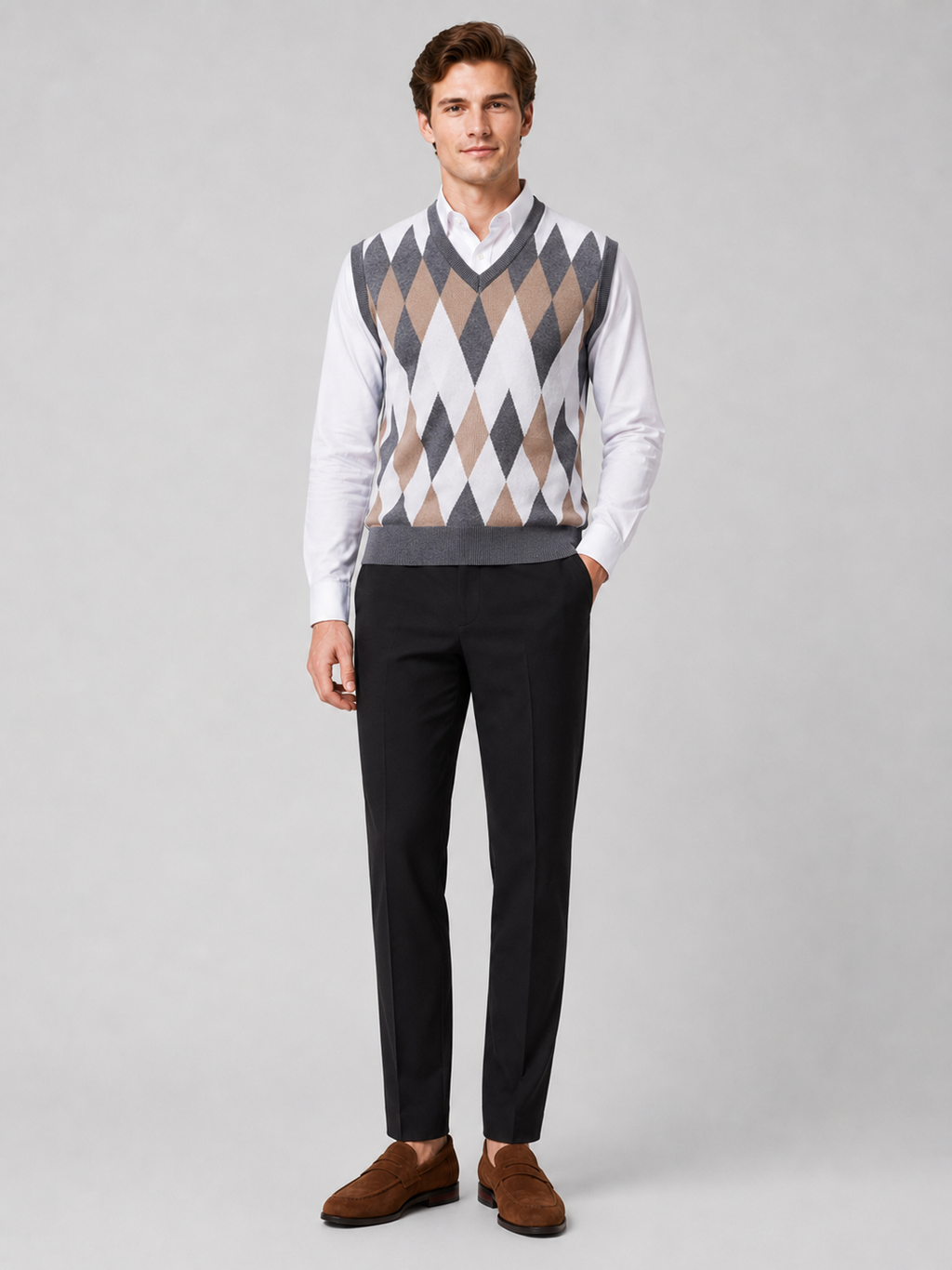 Gray argyle sweater vest for men slim fit lightweight layer for business casual wear