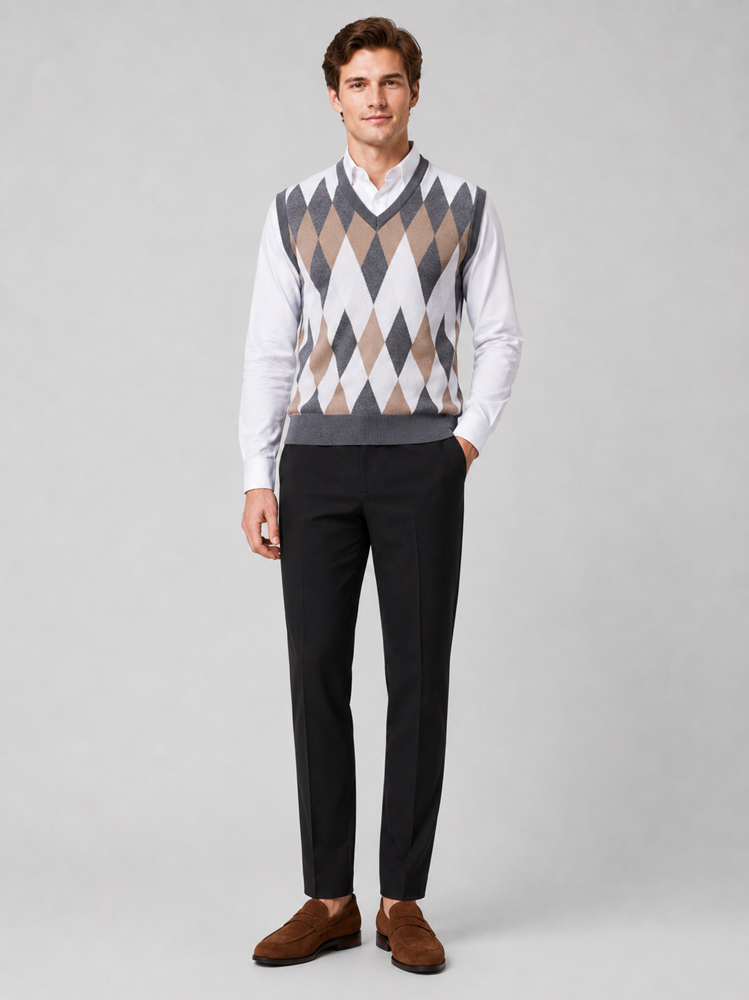 Gray argyle sweater vest for men slim fit lightweight layer for business casual wear