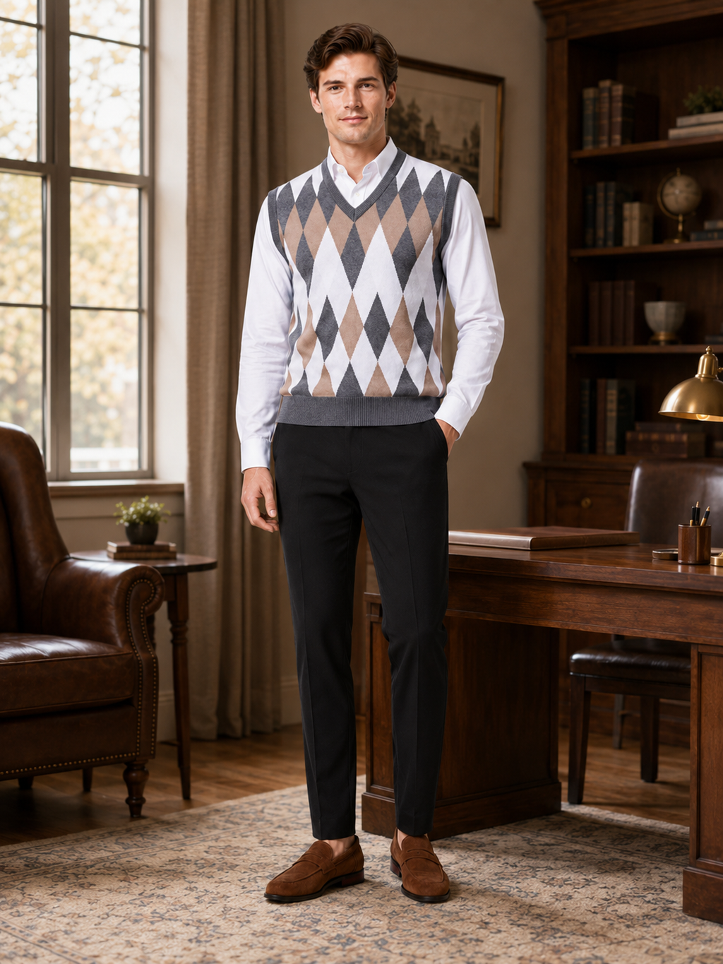 Man styling gray argyle sweater vest in a clean business casual and everyday lifestyle outfit
