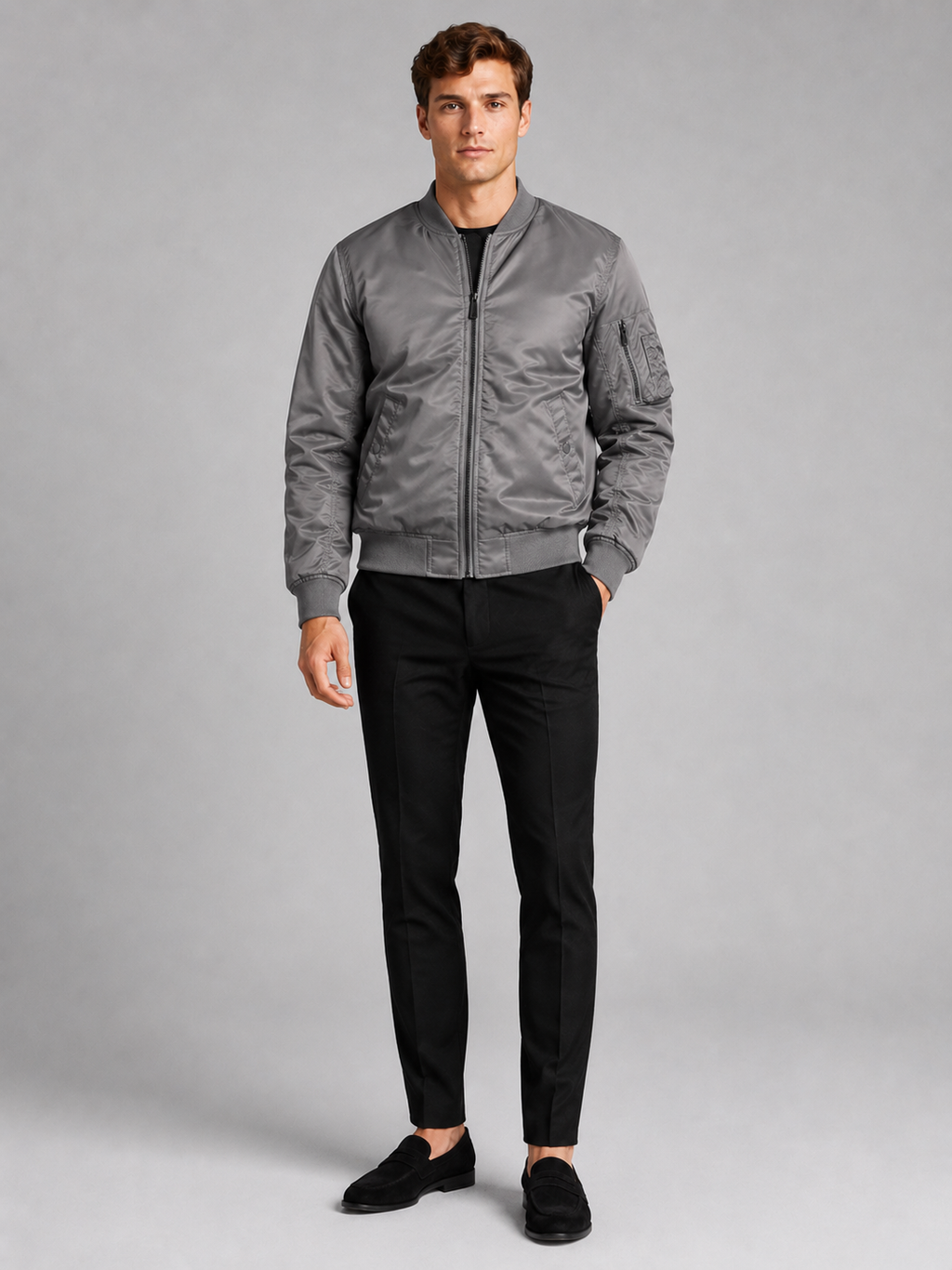 Gray flight jacket for men casual fall outerwear for everyday and streetwear wear