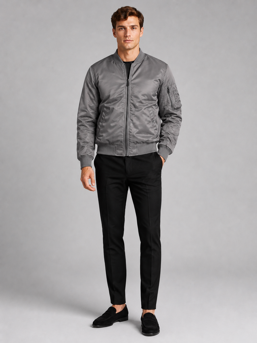Gray flight jacket for men casual fall outerwear for everyday and streetwear wear