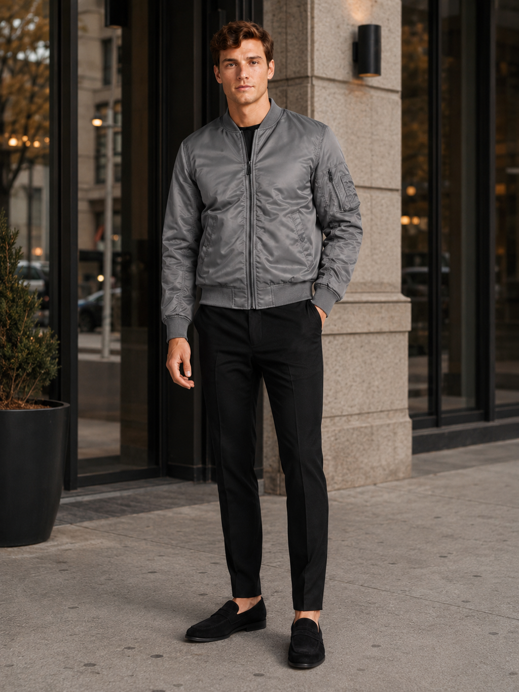 Man styling gray bomber jacket in a clean streetwear and everyday lifestyle outfit