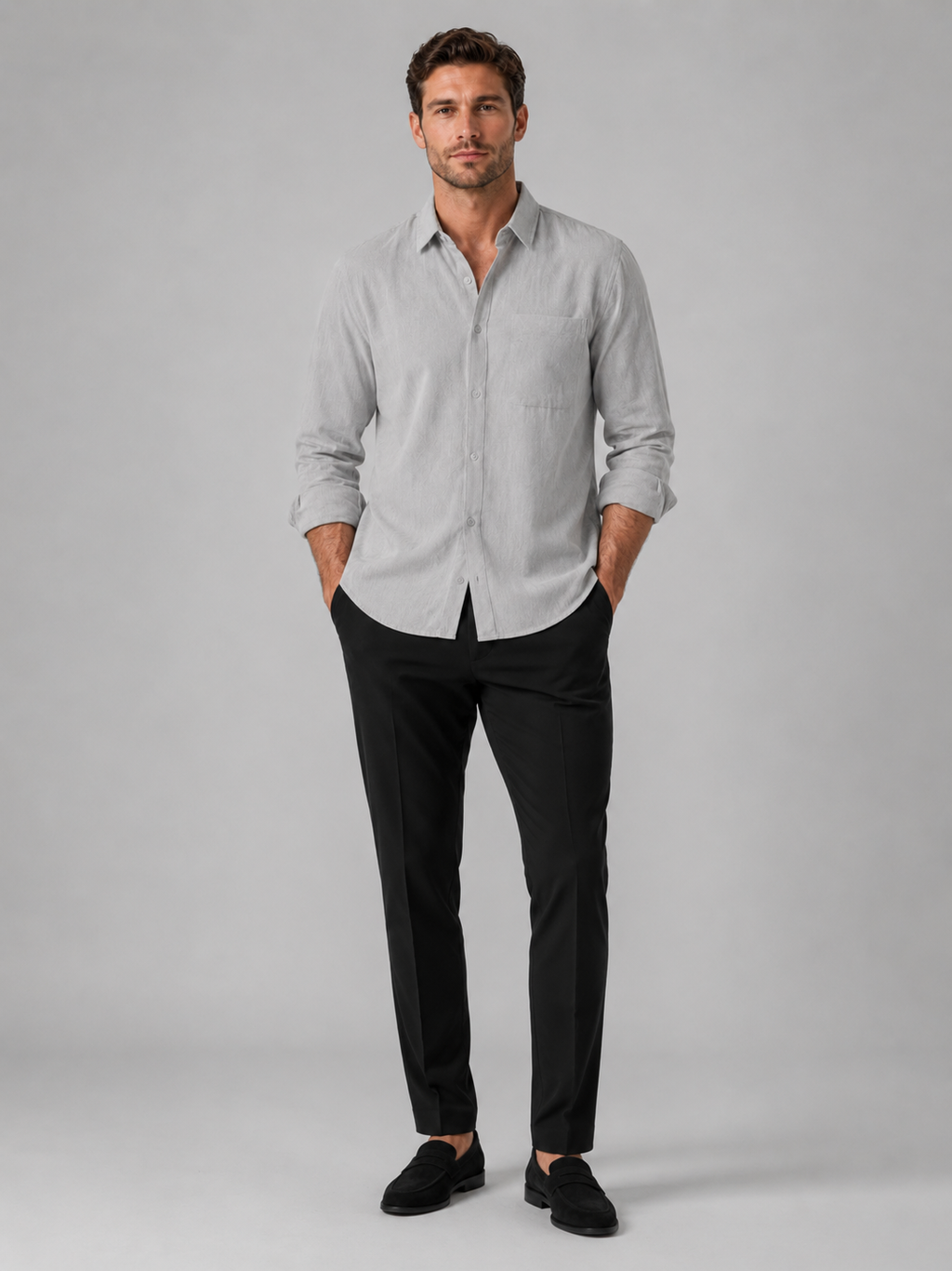 Gray button down shirt for men long sleeve summer top for vacation and everyday wear