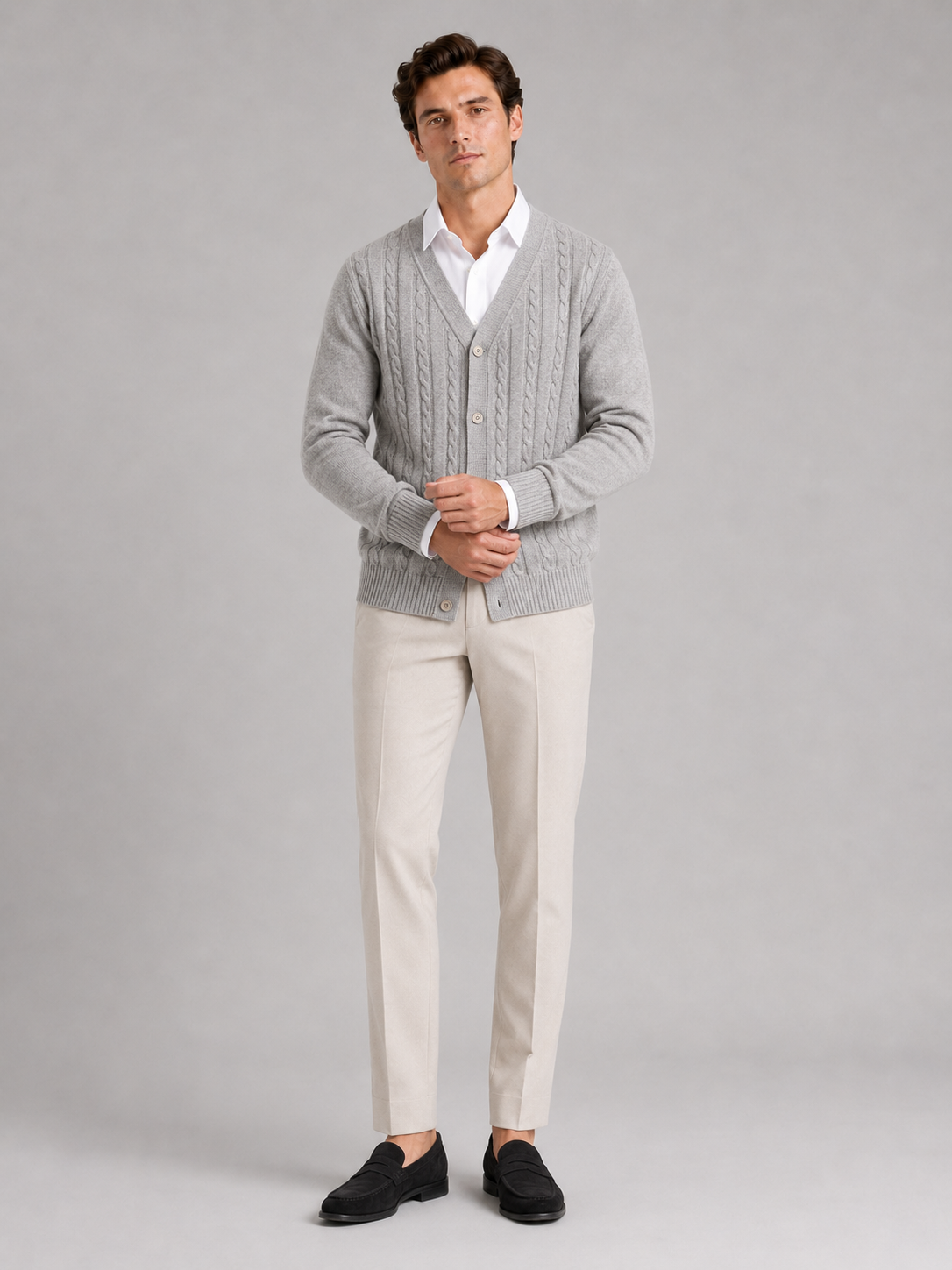 Gray v neck cardigan sweater for men lightweight layer for business casual wear