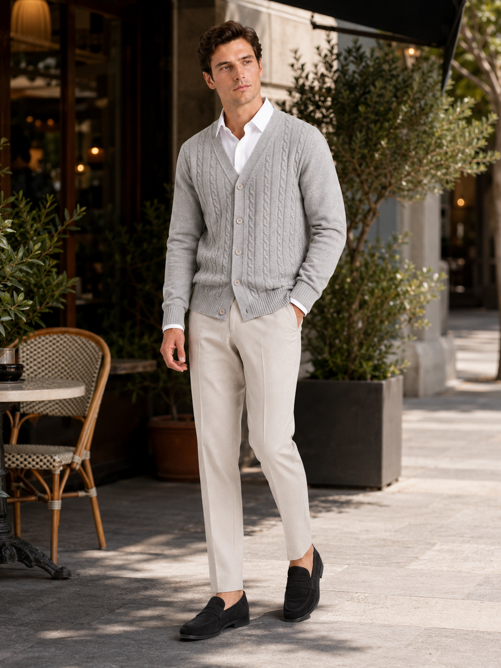 Man styling gray cable knit cardigan in a clean fall winter lifestyle outfit