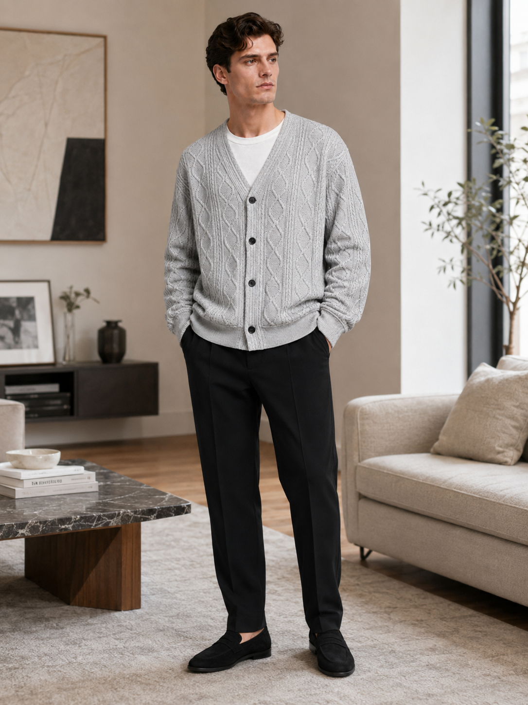 Man wearing a gray diamond cable knit cardigan sweater in a comfortable casual fall winter outfit for everyday wear