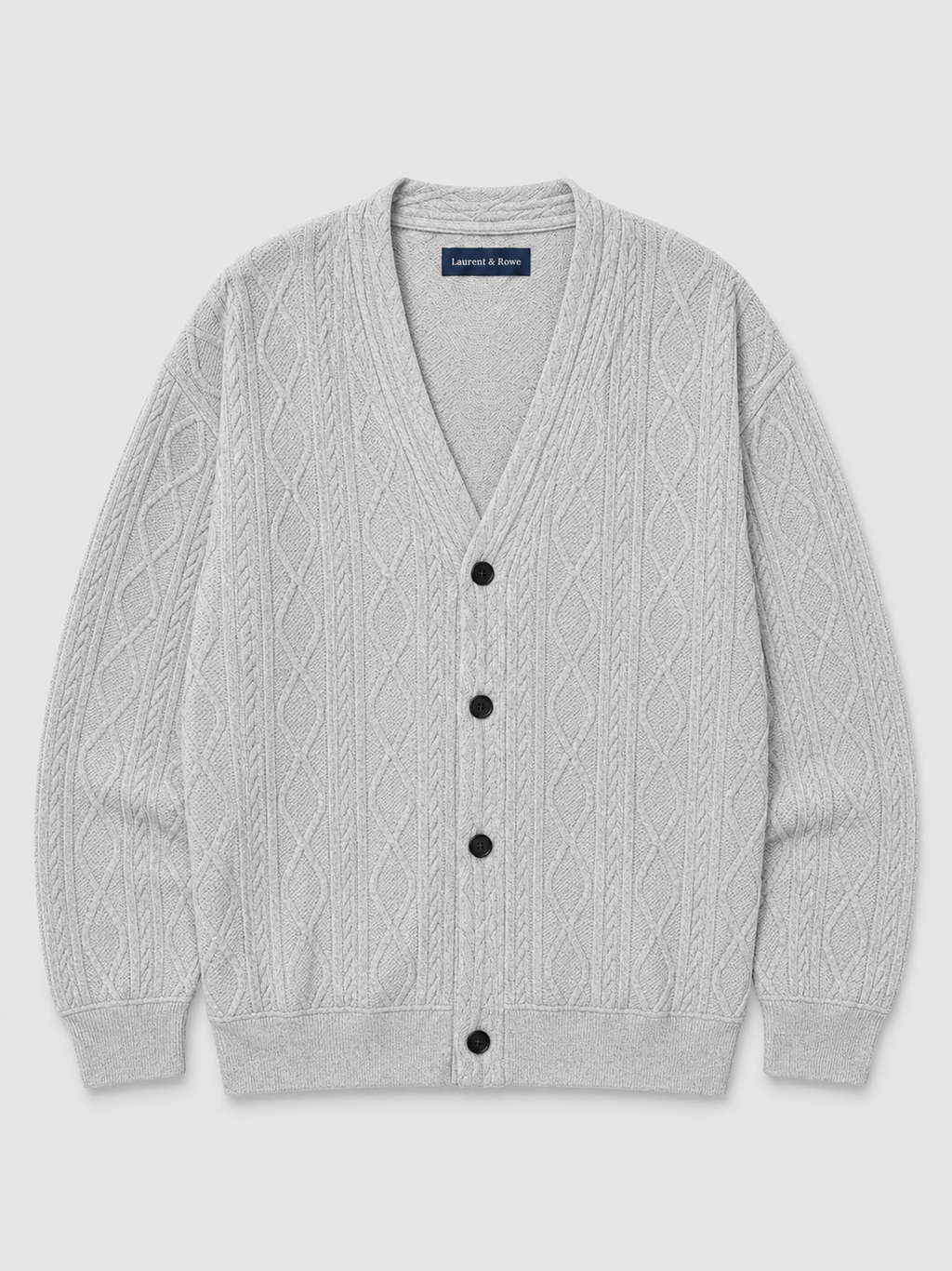 Gray men’s cable knit cardigan sweater with a V-neck, diamond pattern, and oversized silhouette displayed on a plain background