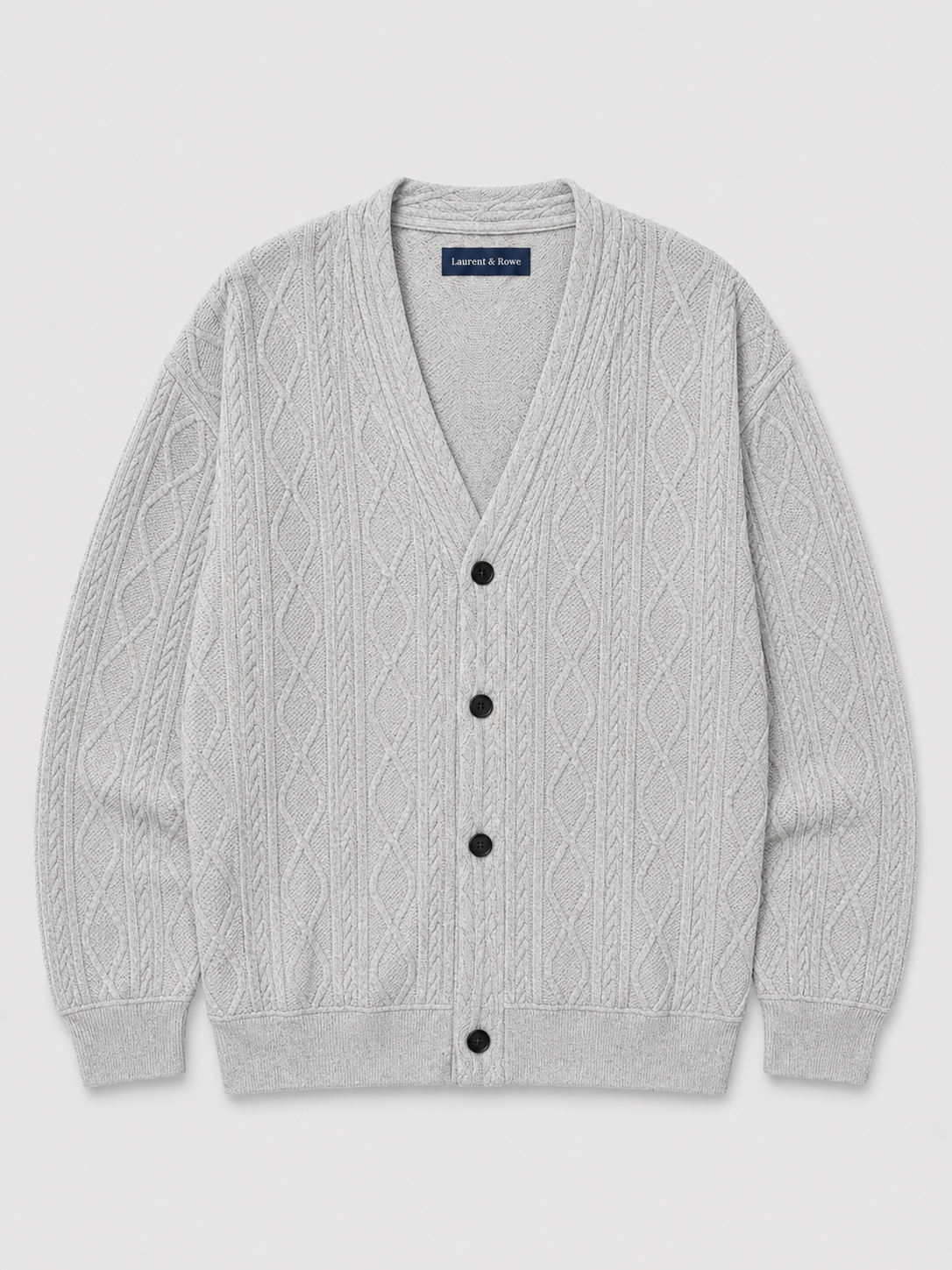 Gray men’s cable knit cardigan sweater with a V-neck, diamond pattern, and oversized silhouette displayed on a plain background