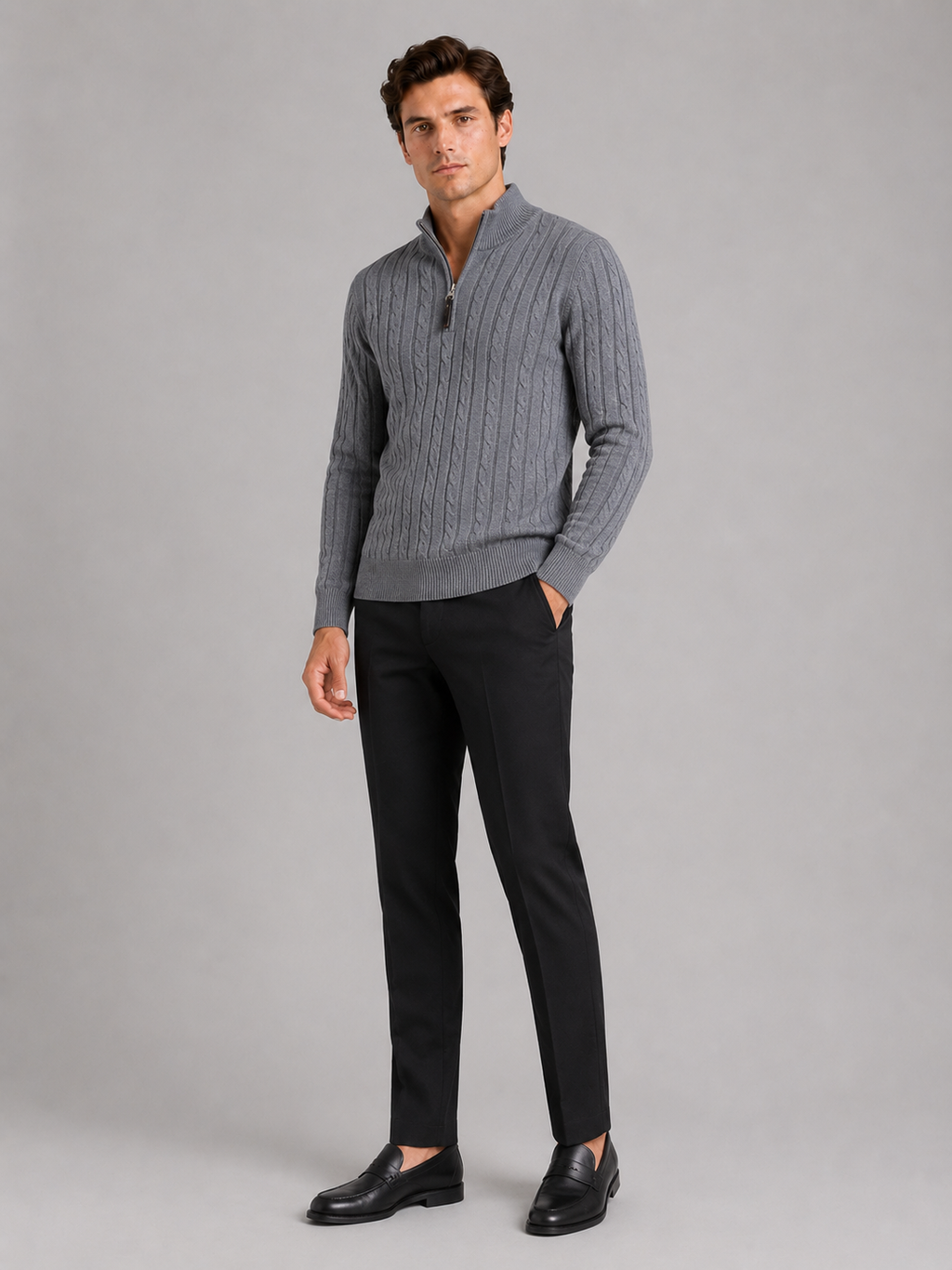 Gray quarter zip cable knit sweater for men warm pullover for casual winter wear