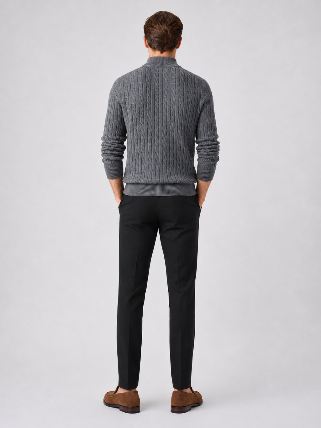 Men’s gray mock neck knit sweater comfortable cold weather layer for business casual outfits