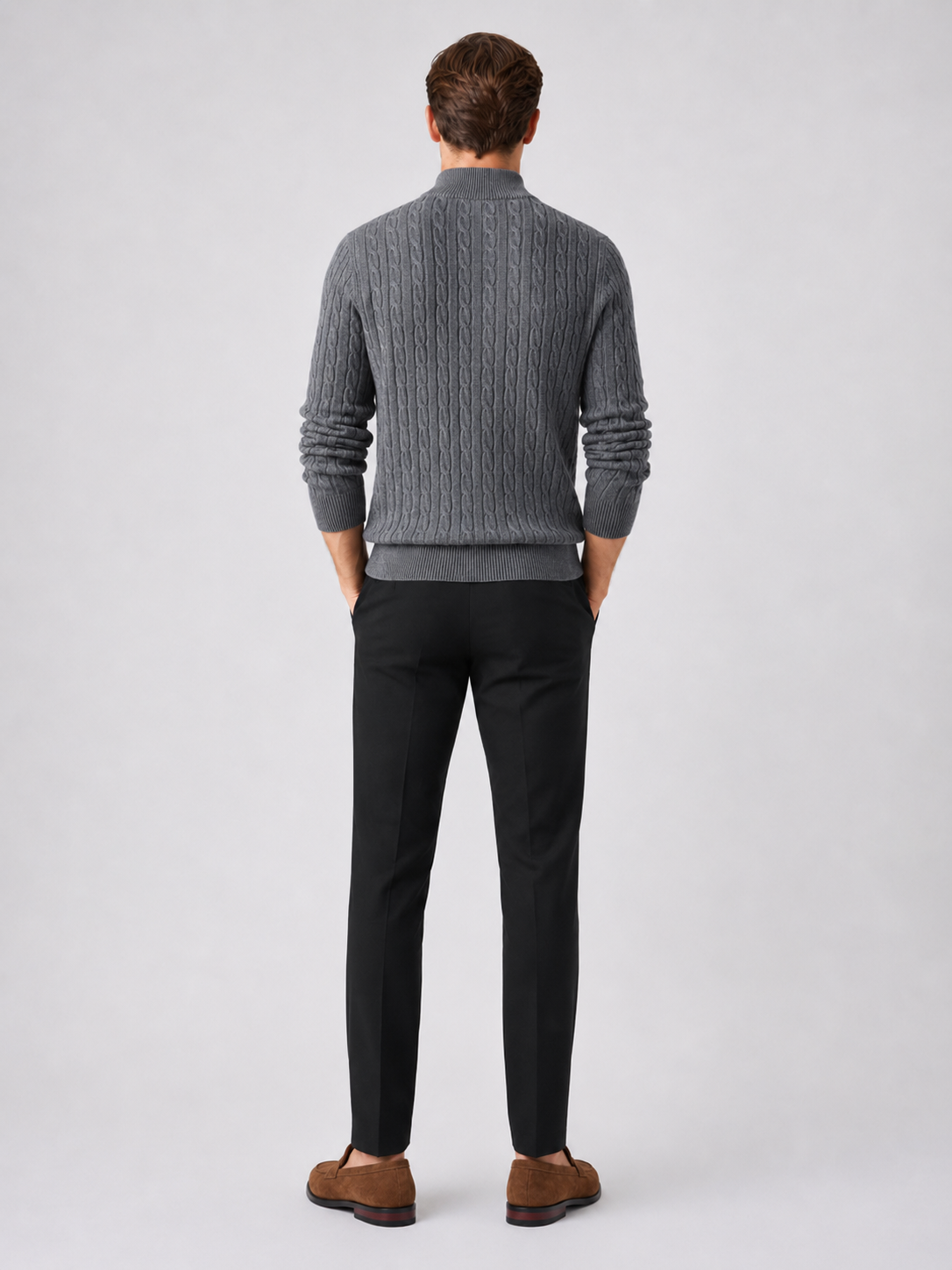 Men’s gray mock neck knit sweater comfortable cold weather layer for business casual outfits